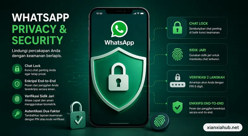 Grafik teknologi keamanan WhatsApp menampilkan perlindungan chat, autentikasi biometrik, dan fitur privasi digital modern.