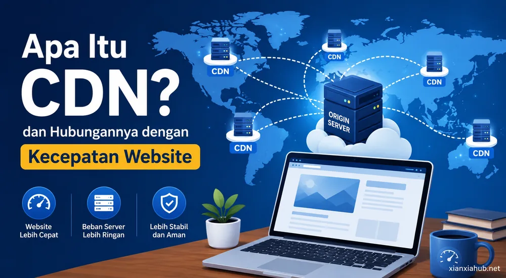 Ilustrasi CDN (Content Delivery Network) yang mempercepat akses website melalui jaringan server global.