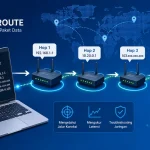 Apa Itu Traceroute? Fungsi dan Cara Kerjanya Ilustrasi traceroute yang menunjukkan perjalanan paket data melalui beberapa hop dari laptop menuju server.