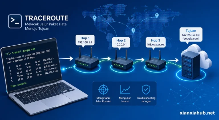 Ilustrasi traceroute yang menunjukkan perjalanan paket data melalui beberapa hop dari laptop menuju server.