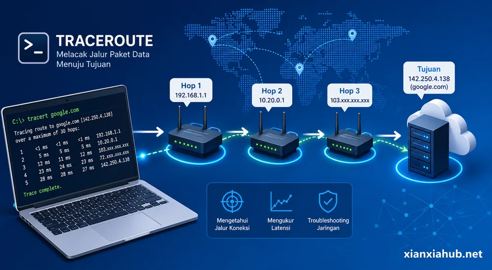 Ilustrasi traceroute yang menunjukkan perjalanan paket data melalui beberapa hop dari laptop menuju server.