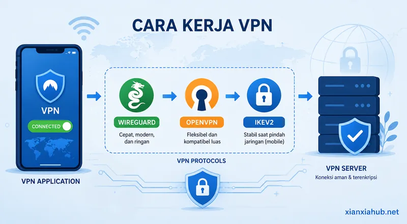 Infografik alur koneksi VPN dari aplikasi ke protokol WireGuard, OpenVPN, dan IKEv2 hingga server VPN.