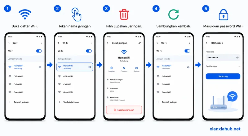 Langkah menghapus atau melupakan jaringan WiFi di Android lalu menghubungkannya kembali.