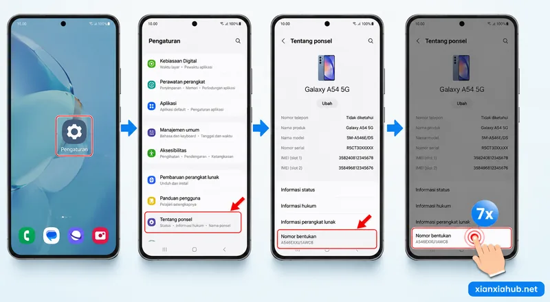 Ilustrasi langkah mengaktifkan Developer Options Android dengan mengetuk Build Number sebanyak tujuh kali.
