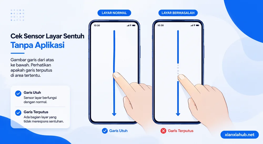 Ilustrasi cara mengecek sensor layar sentuh HP tanpa aplikasi dengan membandingkan garis utuh pada layar normal dan garis terputus pada layar yang bermasalah