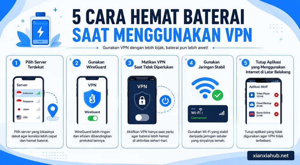 Infografis tips menghemat baterai saat menggunakan VPN di Android.
