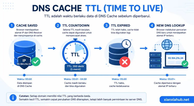 Diagram Time To Live (TTL) pada DNS cache yang menunjukkan masa berlaku data DNS sebelum diperbarui.
