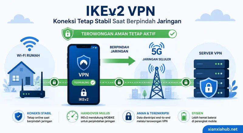 Ilustrasi perpindahan jaringan Wi-Fi ke 5G menggunakan IKEv2 VPN yang tetap mempertahankan koneksi aman dan stabil.