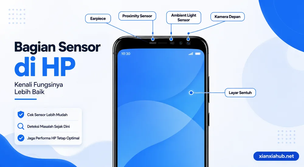 Ilustrasi letak sensor HP pada bagian depan smartphone, termasuk proximity sensor, ambient light sensor, kamera depan, earpiece, dan layar sentuh