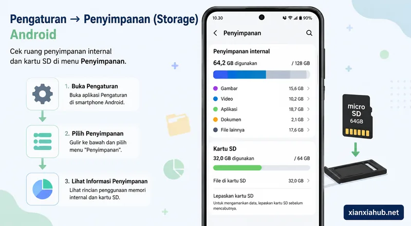 Infografis menu Storage Android yang menampilkan informasi penyimpanan internal dan kartu SD.