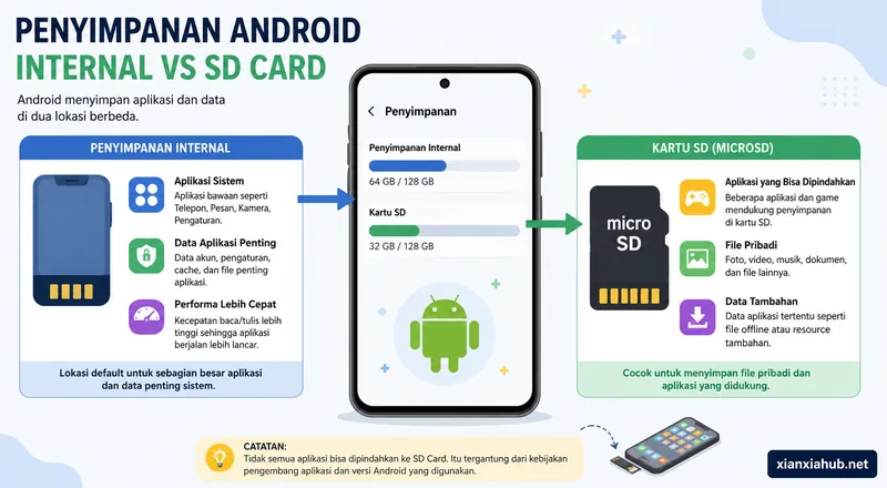 Infografis Android yang menjelaskan perbedaan memori internal dan microSD beserta penyimpanan aplikasi.