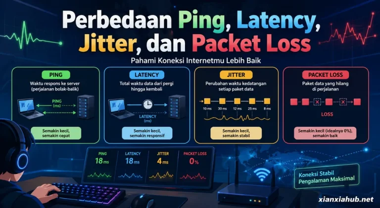 Infografik perbedaan ping, latency, jitter, dan packet loss pada koneksi internet.