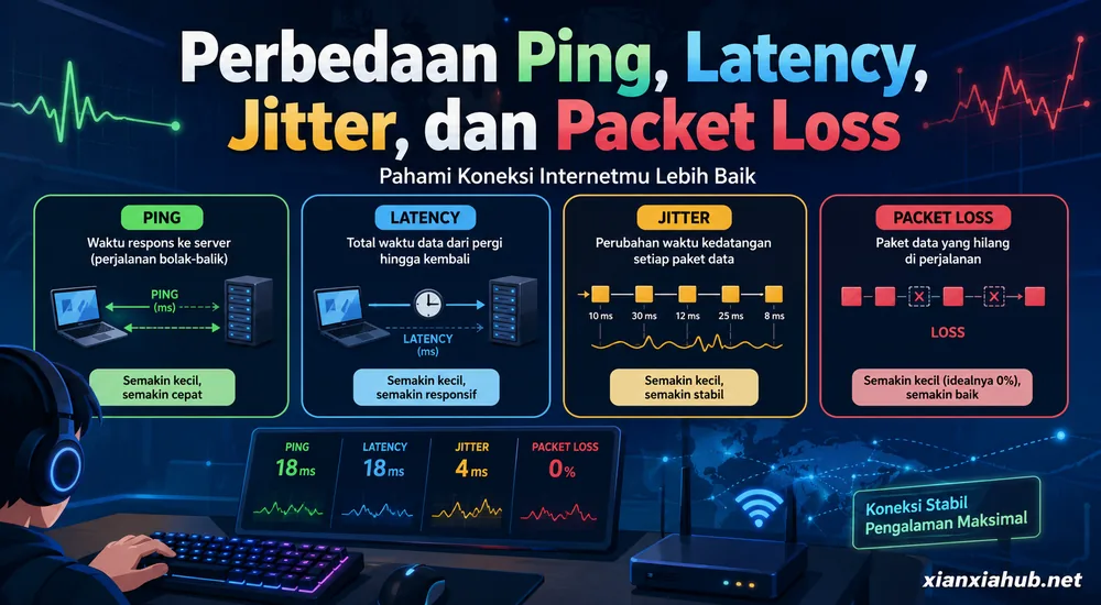 Infografik perbedaan ping, latency, jitter, dan packet loss pada koneksi internet.