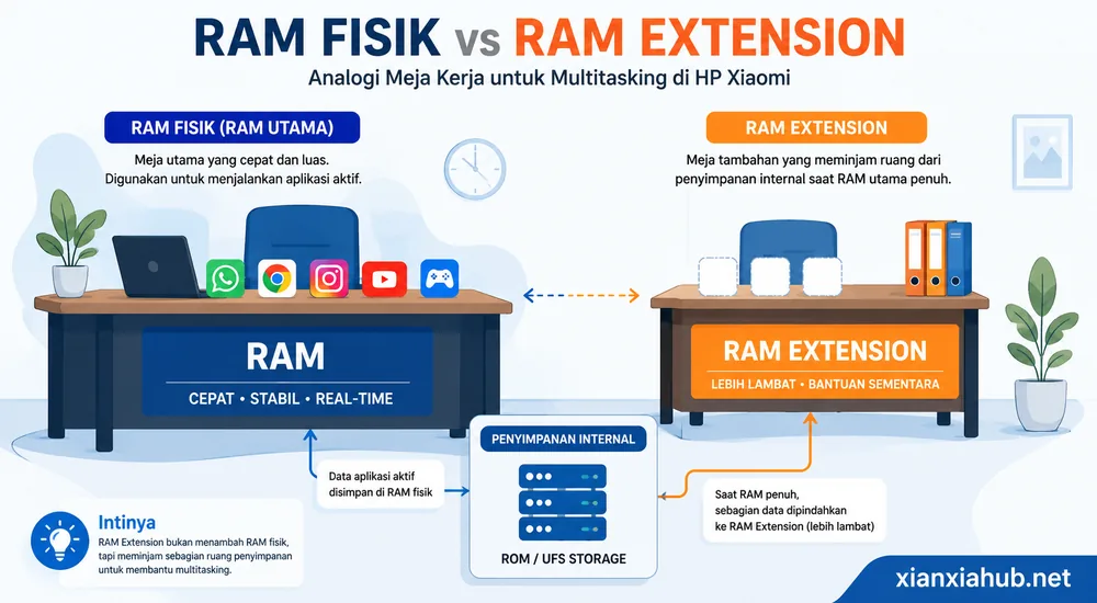 Infografis perbandingan RAM fisik dan RAM Extension Xiaomi menggunakan analogi meja kerja
