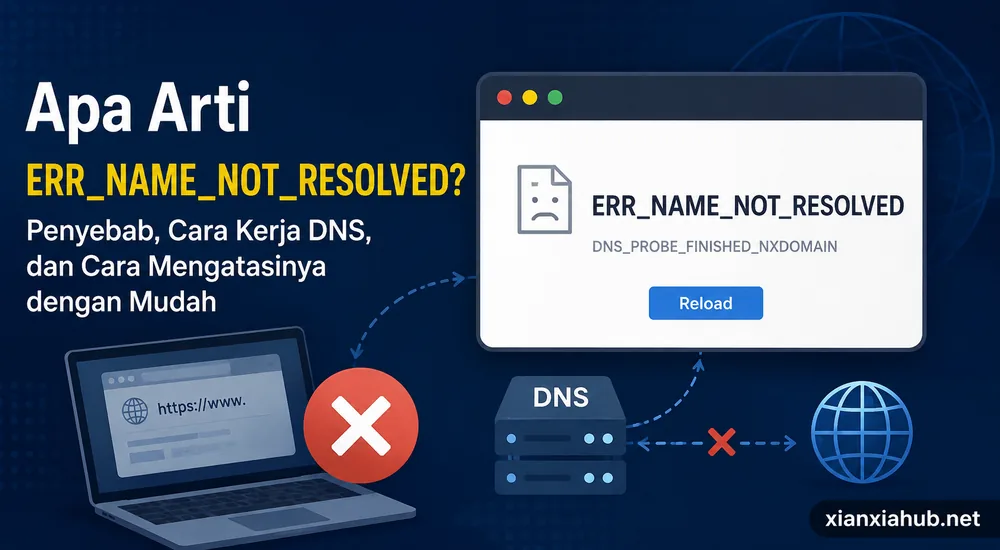 Ilustrasi error ERR_NAME_NOT_RESOLVED beserta penyebab dan cara mengatasinya melalui DNS.