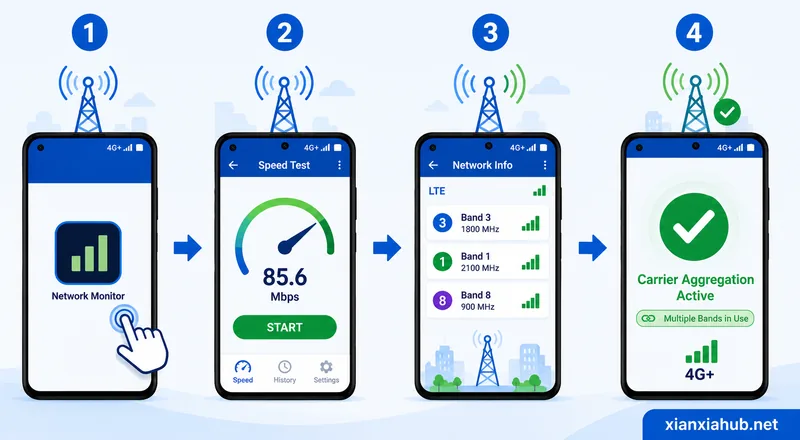 Infografis sederhana cara memeriksa Carrier Aggregation pada smartphone Android melalui aplikasi pemantau jaringan hingga status Carrier Aggregation Active.