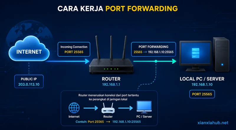 Ilustrasi port forwarding router menuju PC server dengan IP lokal 192.168.1.10