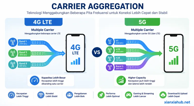Diagram Carrier Aggregation 4G LTE vs 5G yang menunjukkan multiple carrier dan higher capacity untuk koneksi internet lebih cepat.