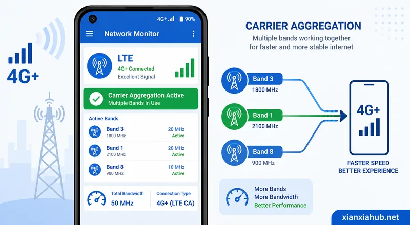 Infografis aplikasi pemantau jaringan Android menampilkan Carrier Aggregation Active, LTE, Band 3, Band 1, Band 8, dan ikon 4G+.