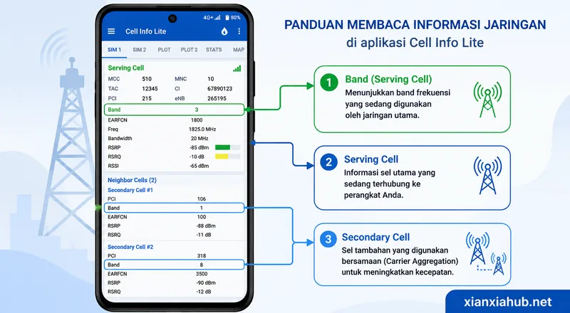 Infografis Cell Info Lite dengan penunjuk Band, Serving Cell, dan Secondary Cell pada jaringan LTE Android.