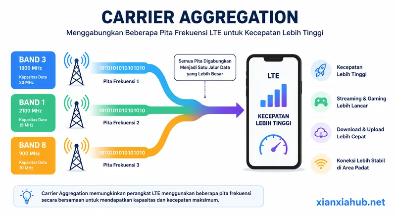 Infografis Carrier Aggregation yang memperlihatkan penggabungan tiga pita frekuensi LTE menjadi satu aliran data ke smartphone.