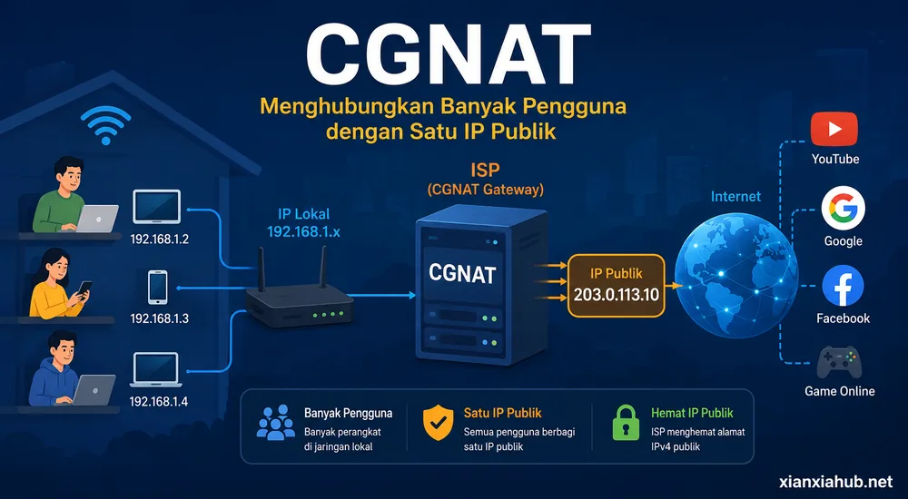 Cara kerja CGNAT dalam membagi satu IP publik untuk banyak pengguna