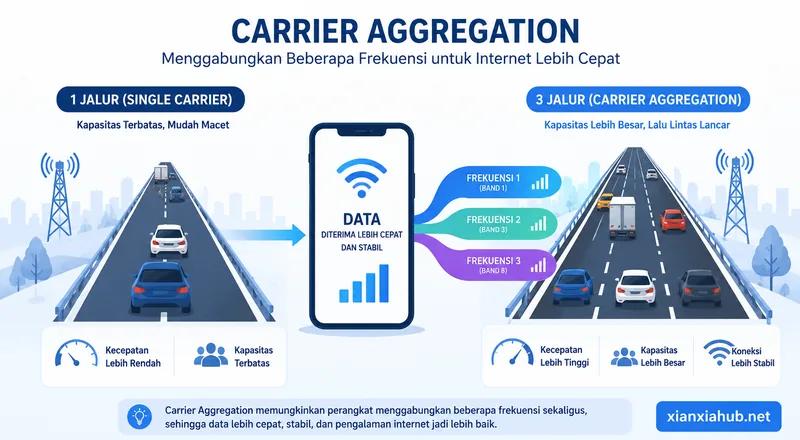 Infografis Carrier Aggregation yang menggabungkan beberapa jalur frekuensi LTE menuju smartphone agar koneksi lebih cepat dan stabil.