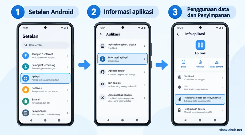 Panduan memeriksa aplikasi Android yang tidak bisa terhubung ke internet melalui Setelan, Informasi aplikasi, dan Penggunaan data